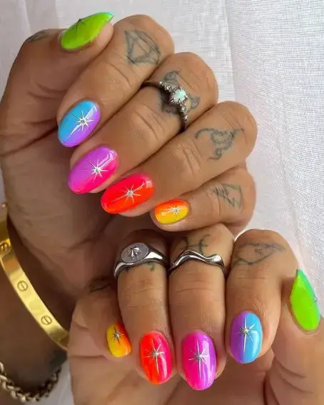 Neon Ombre Nails with a Star Design