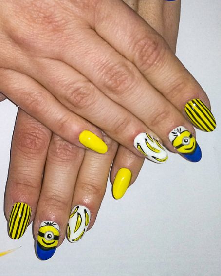 Minions Nail Art with Contrasting Colors