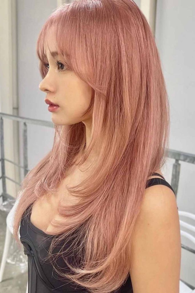 Butterfly Cut with Two Way Bangs on Bleach White Pink Hair