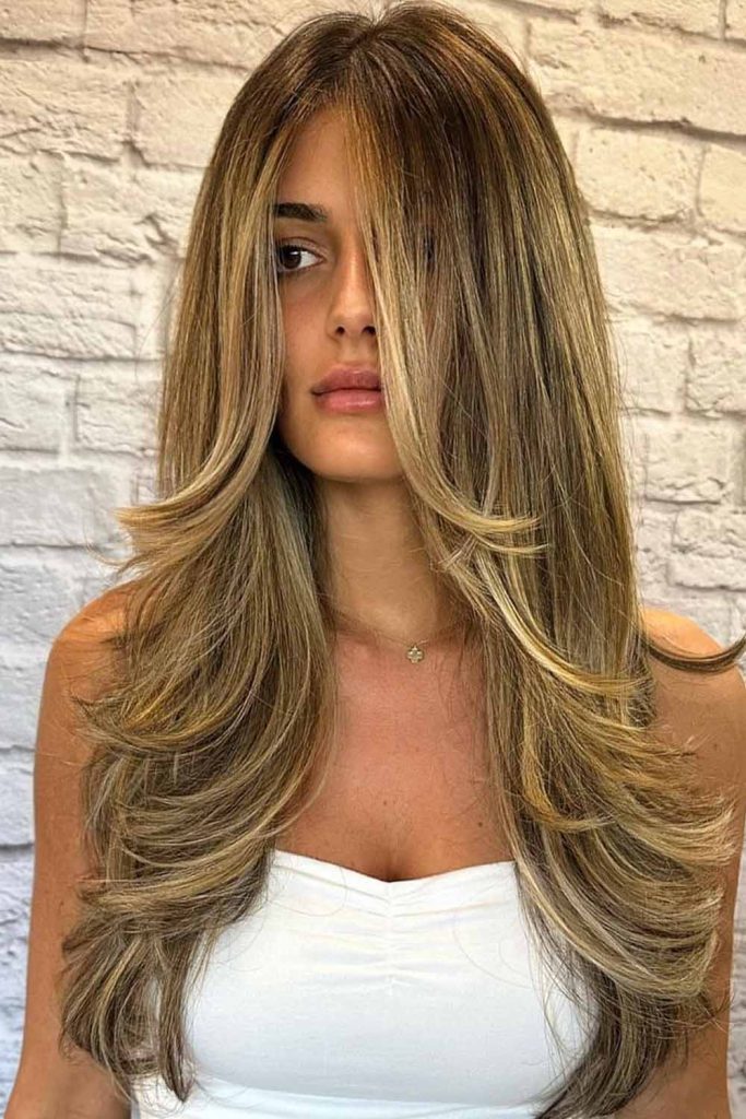 Long Brown Hair with Blonde Highlights and Butterfly Cut