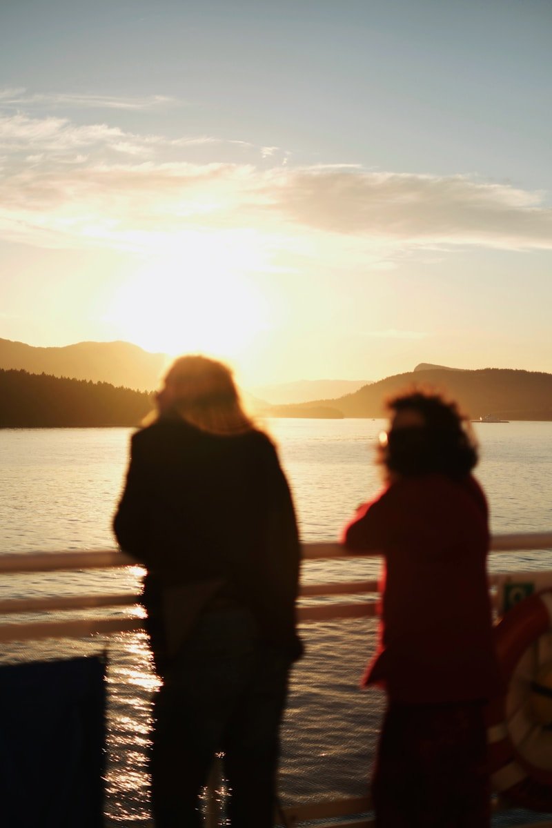 Two people watch the sunset over the water.