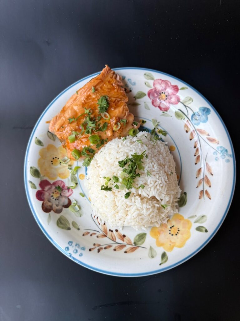 Salmon and rice served on a floral plate.