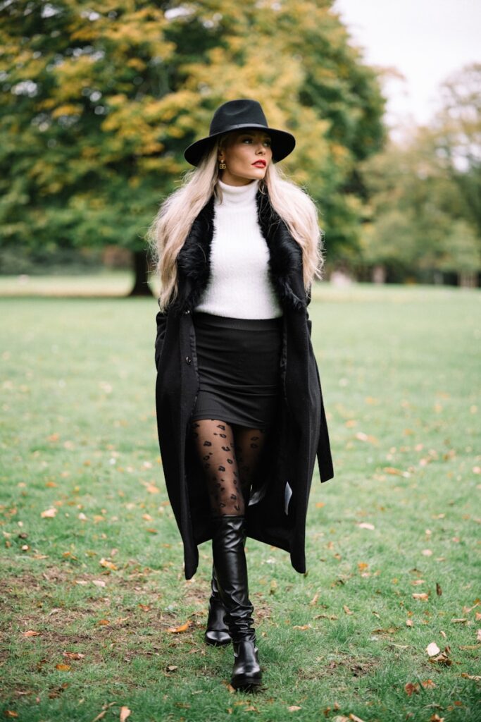 Woman in black coat and hat walking in park