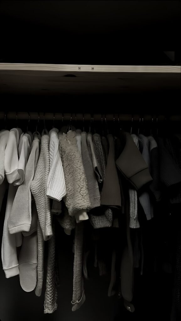 Baby clothes hanging in a dark closet