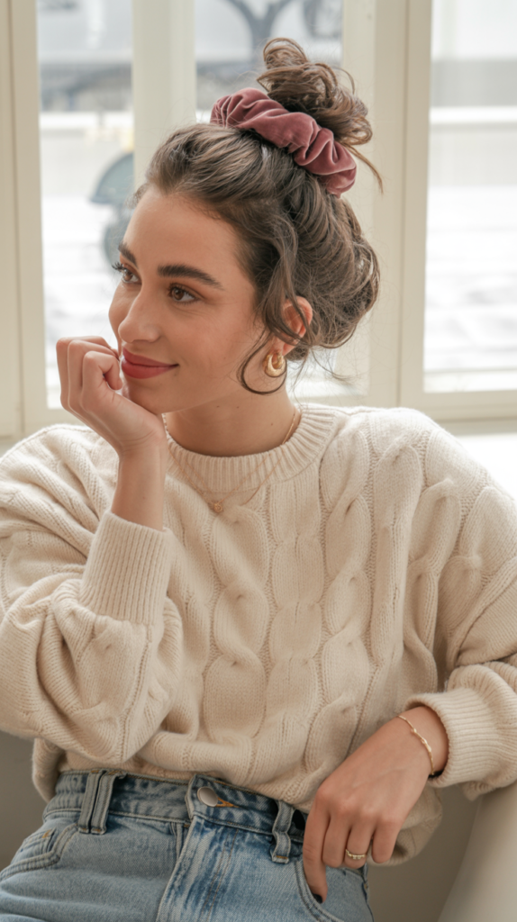 messy top knot with scrunchie